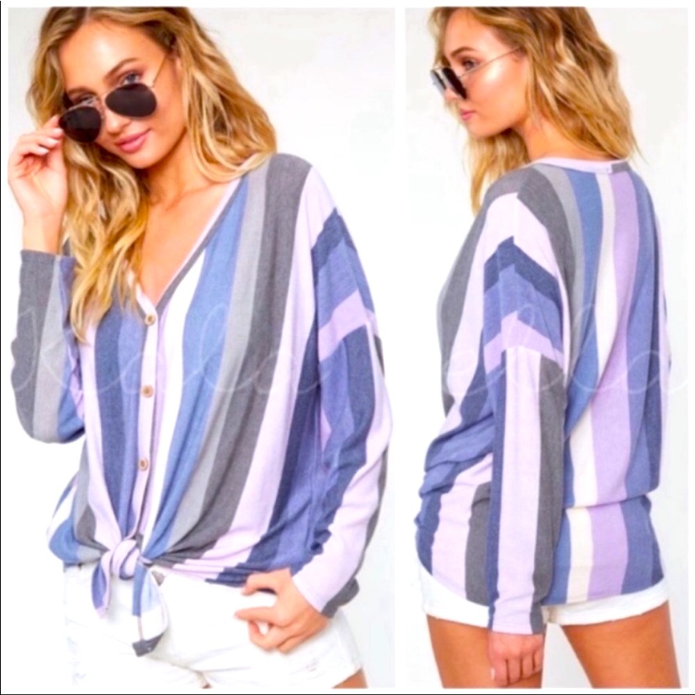 Soft💙Striped purple blue tie-waist flannel top